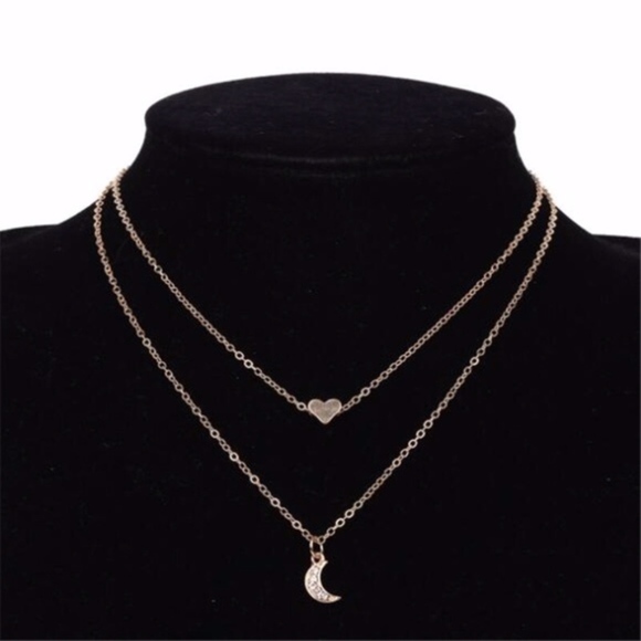 Gold Color Heart and Moon Multi-layer Necklace - Picture 3 of 7